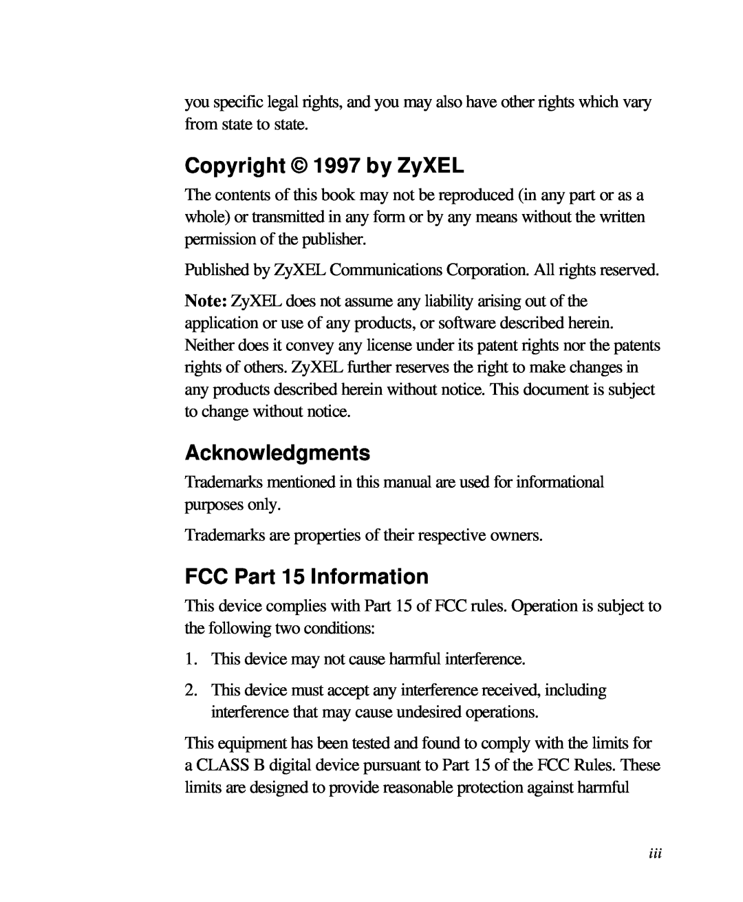 ZyXEL Communications 28641 user manual Copyright 1997 by ZyXEL, Acknowledgments, FCC Part 15 Information 