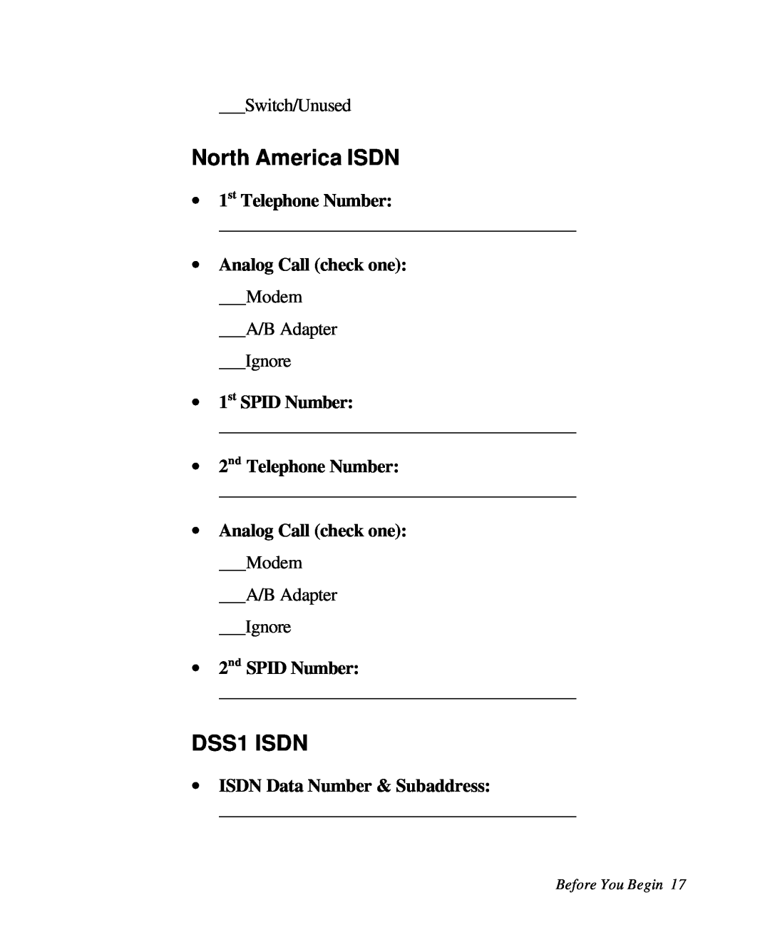 ZyXEL Communications 28641 user manual North America ISDN, DSS1 ISDN, ∙ 1st Telephone Number, ∙ Analog Call check one 