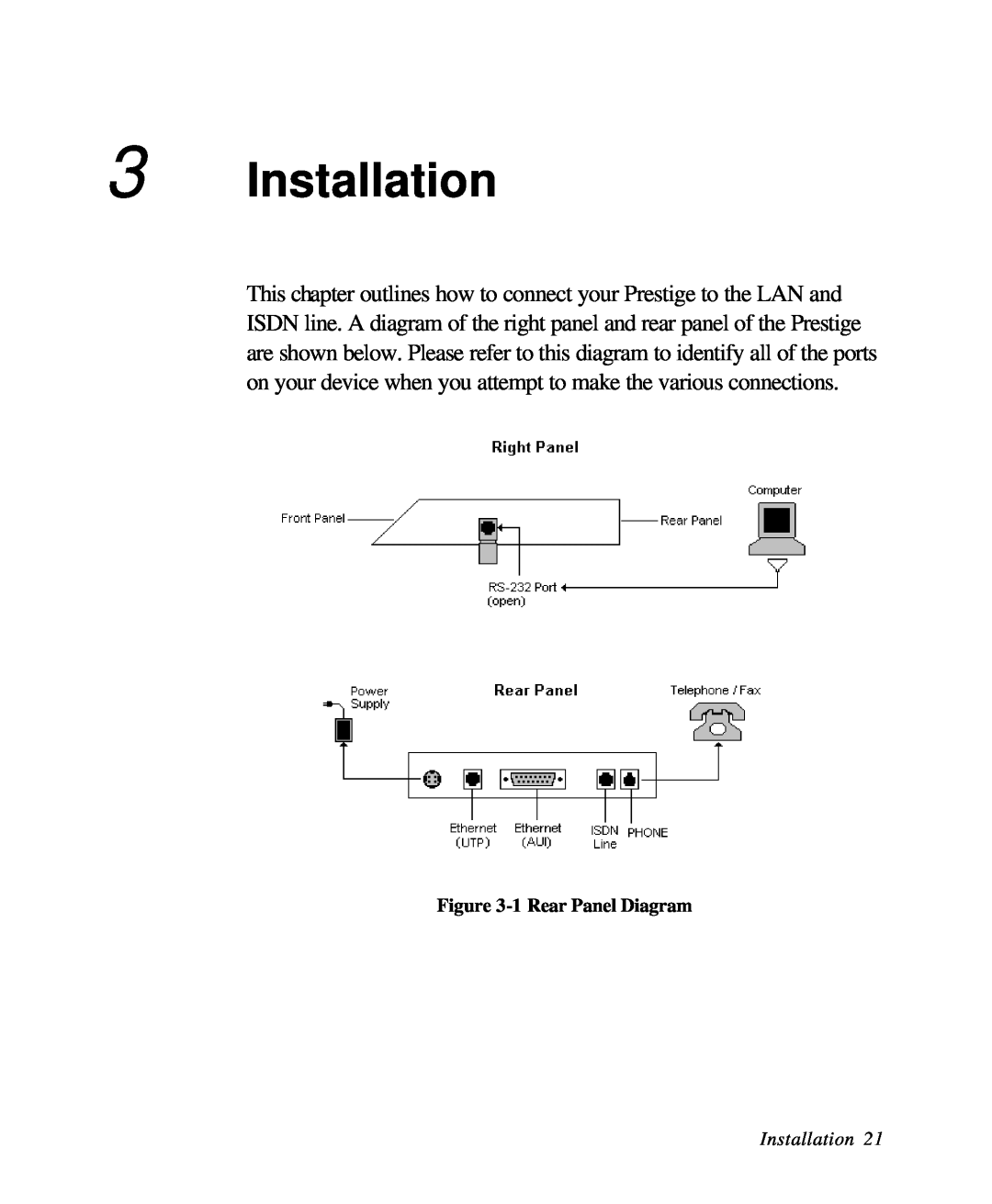 ZyXEL Communications 28641 user manual Installation, 1 Rear Panel Diagram 