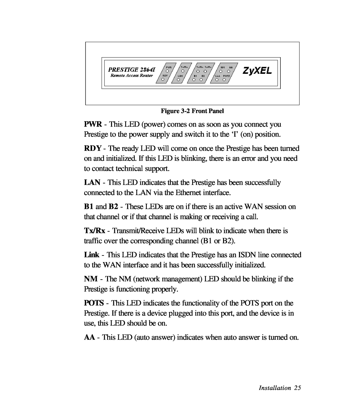 ZyXEL Communications 28641 user manual AA - This LED auto answer indicates when auto answer is turned on 