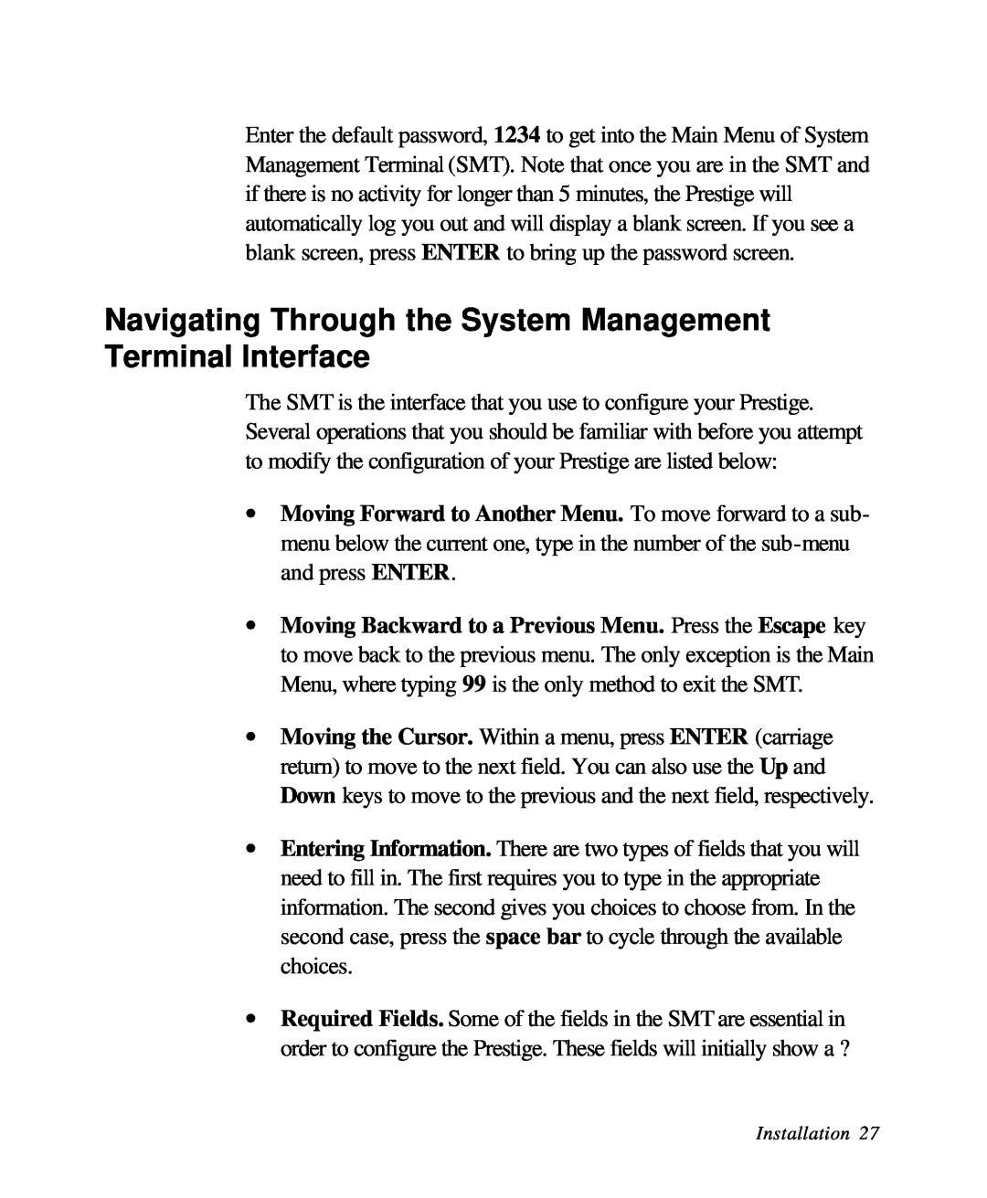 ZyXEL Communications 28641 user manual Navigating Through the System Management Terminal Interface 