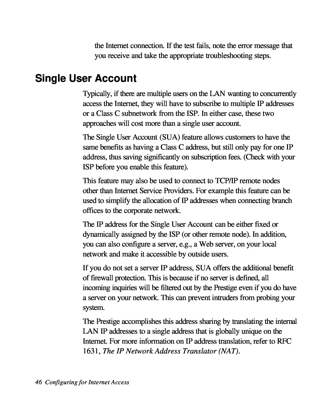 ZyXEL Communications 28641 user manual Single User Account, Configuring for Internet Access 