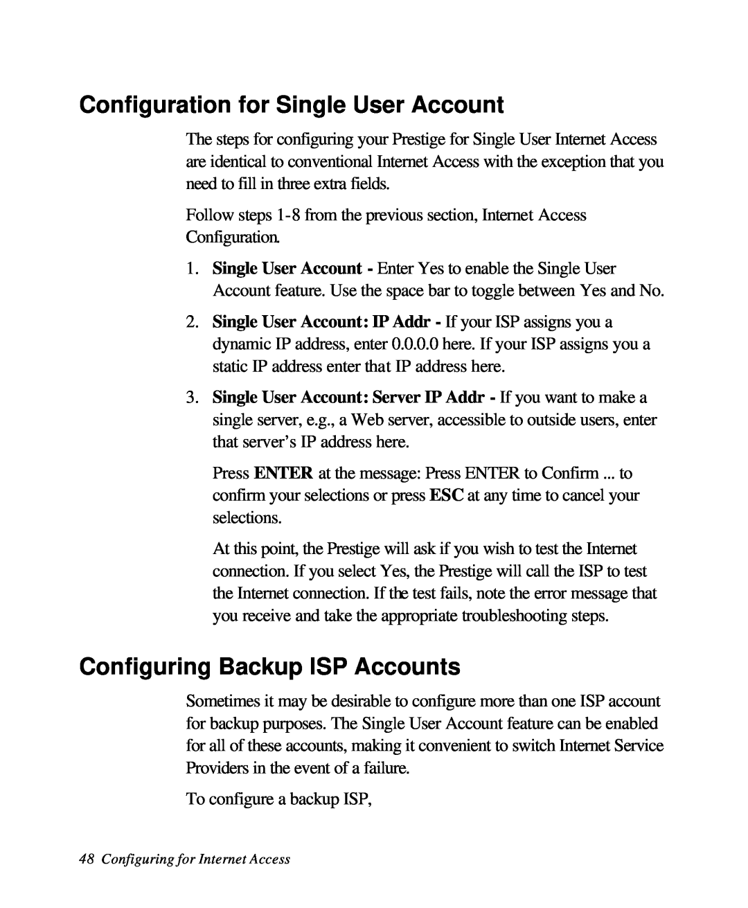 ZyXEL Communications 28641 user manual Configuration for Single User Account, Configuring Backup ISP Accounts 
