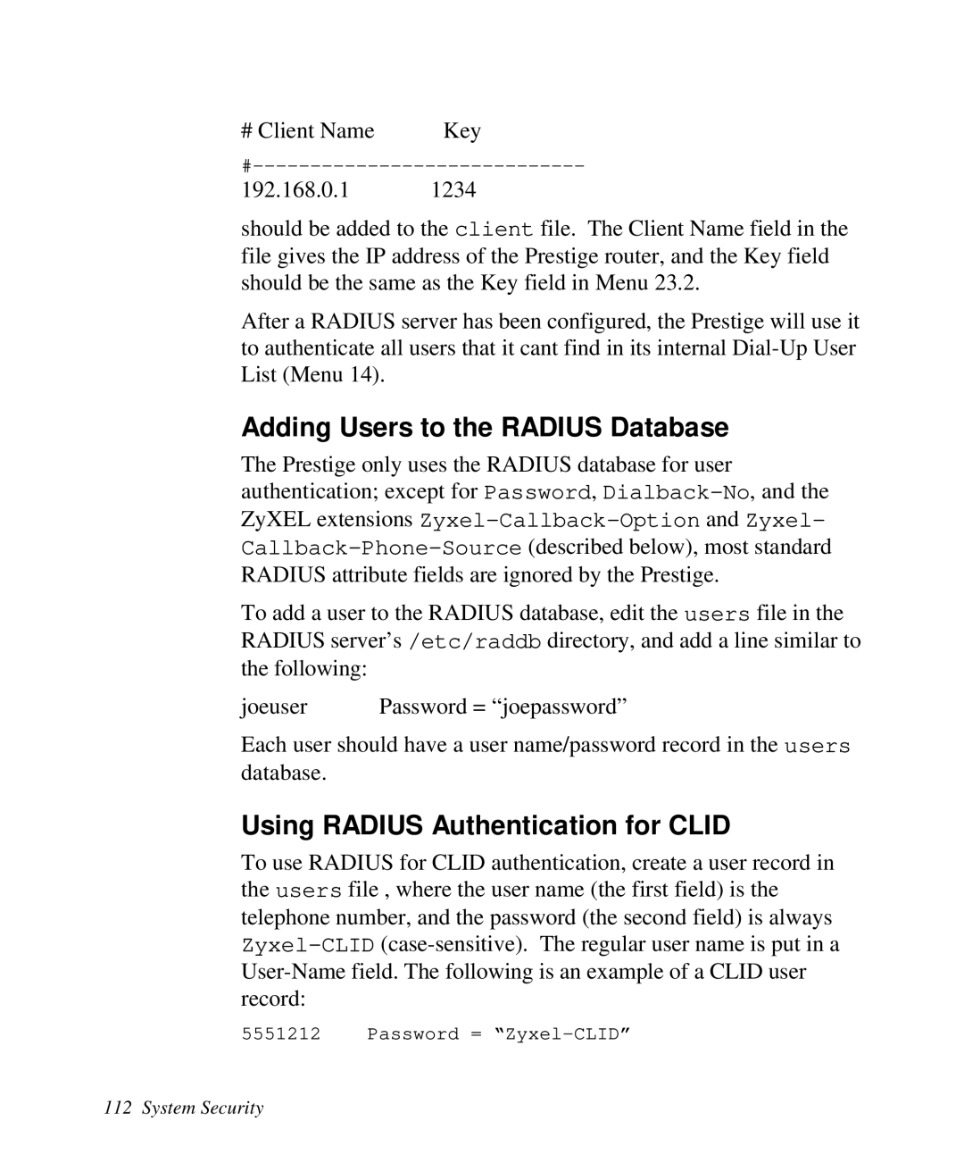 ZyXEL Communications 2864I user manual Adding Users to the RADIUS Database, Using RADIUS Authentication for CLID 
