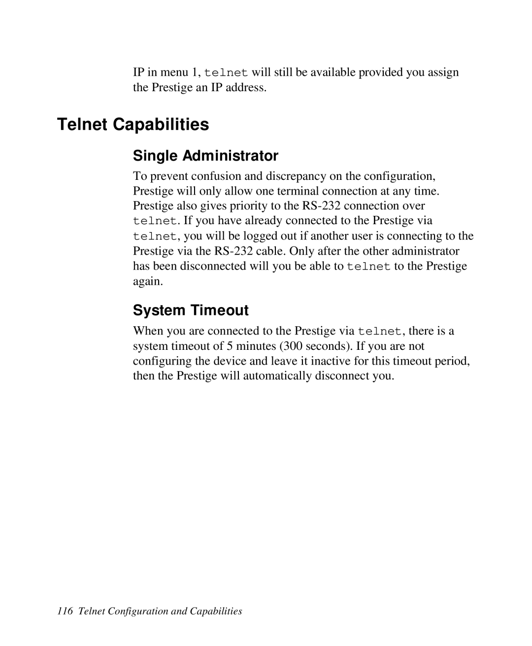 ZyXEL Communications 2864I user manual Telnet Capabilities, Single Administrator, System Timeout 