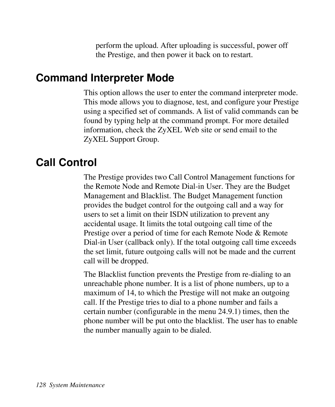 ZyXEL Communications 2864I user manual Command Interpreter Mode, Call Control, System Maintenance 