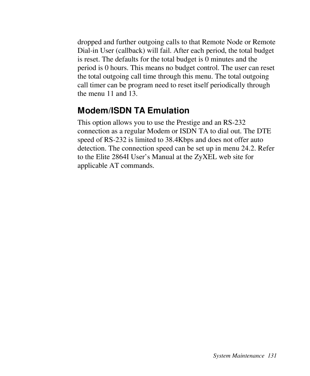 ZyXEL Communications 2864I user manual Modem/ISDN TA Emulation 