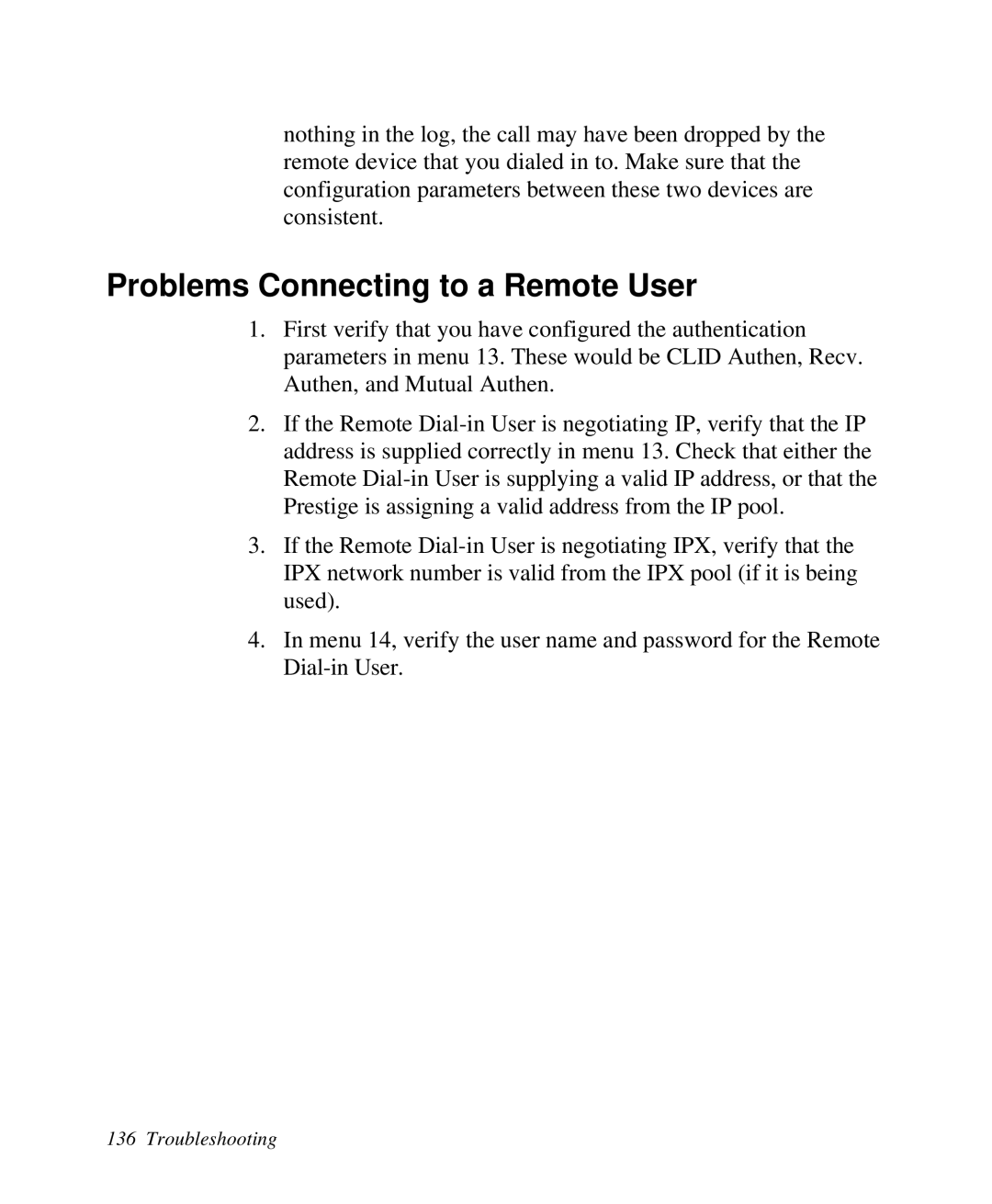 ZyXEL Communications 2864I user manual Problems Connecting to a Remote User, Troubleshooting 