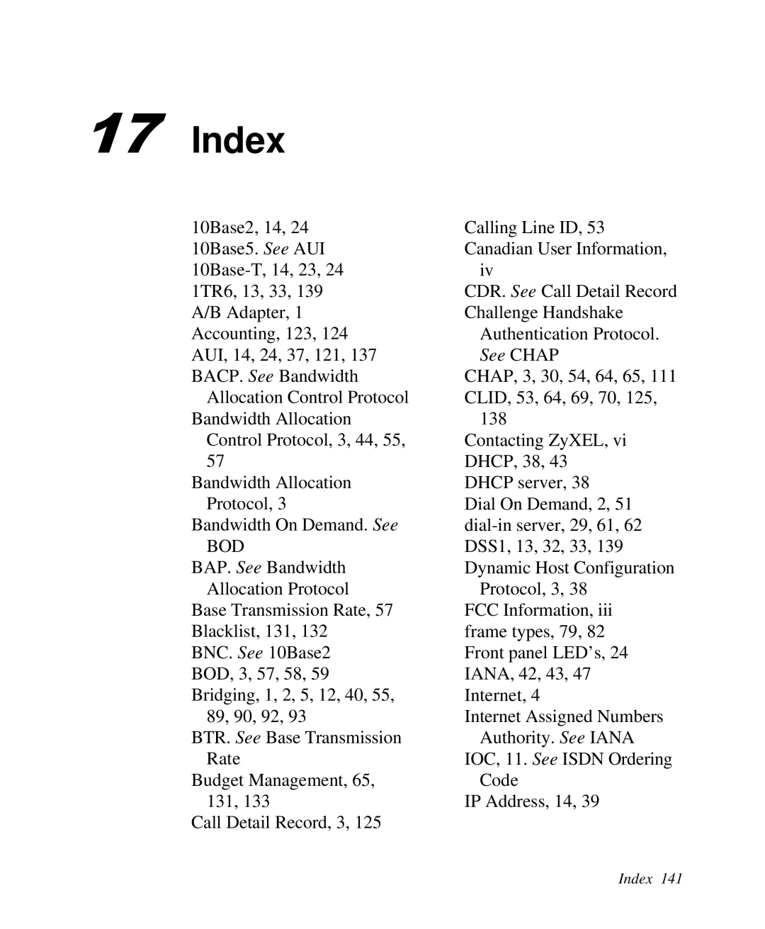 ZyXEL Communications 2864I user manual Index 