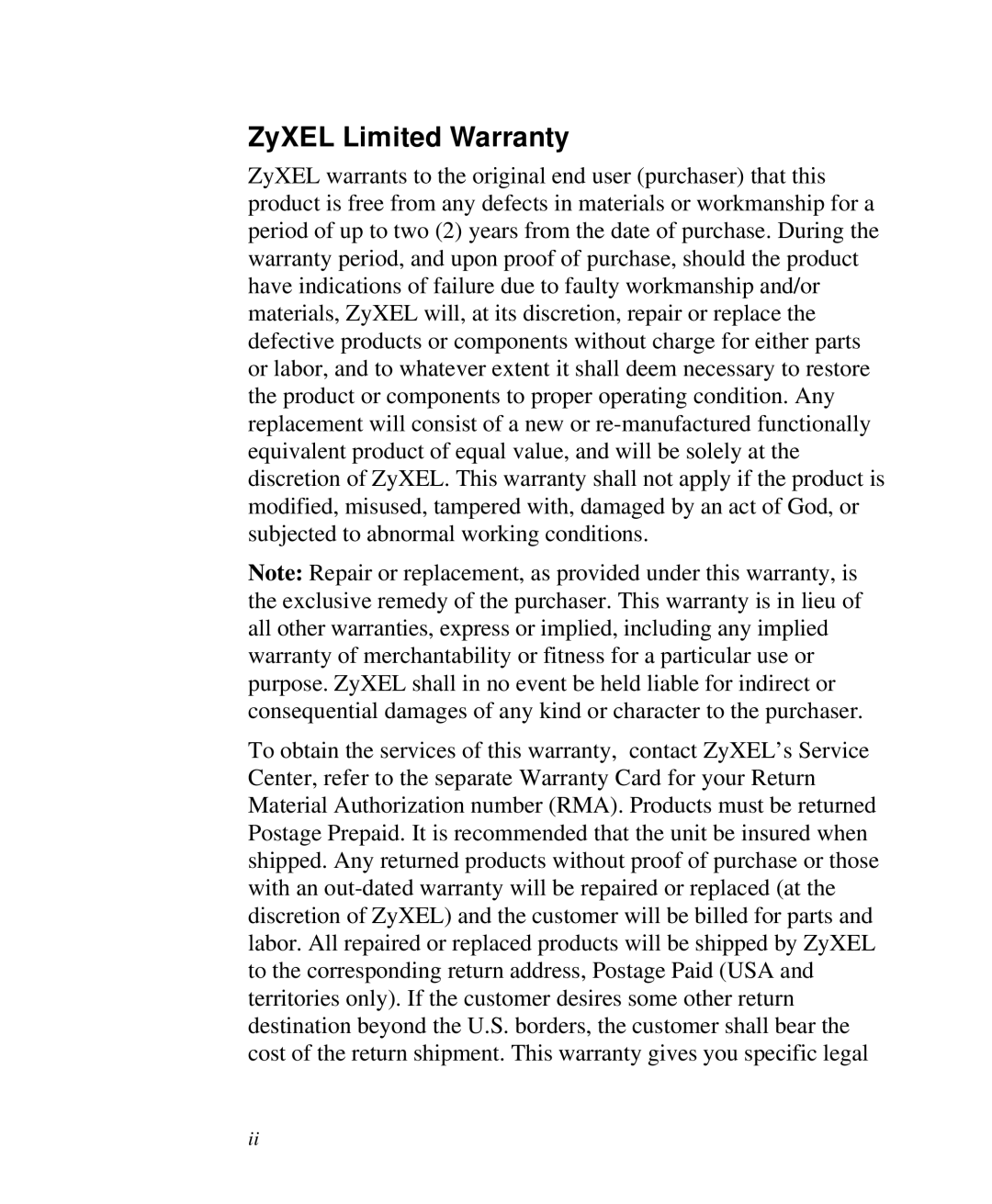 ZyXEL Communications 2864I user manual ZyXEL Limited Warranty 
