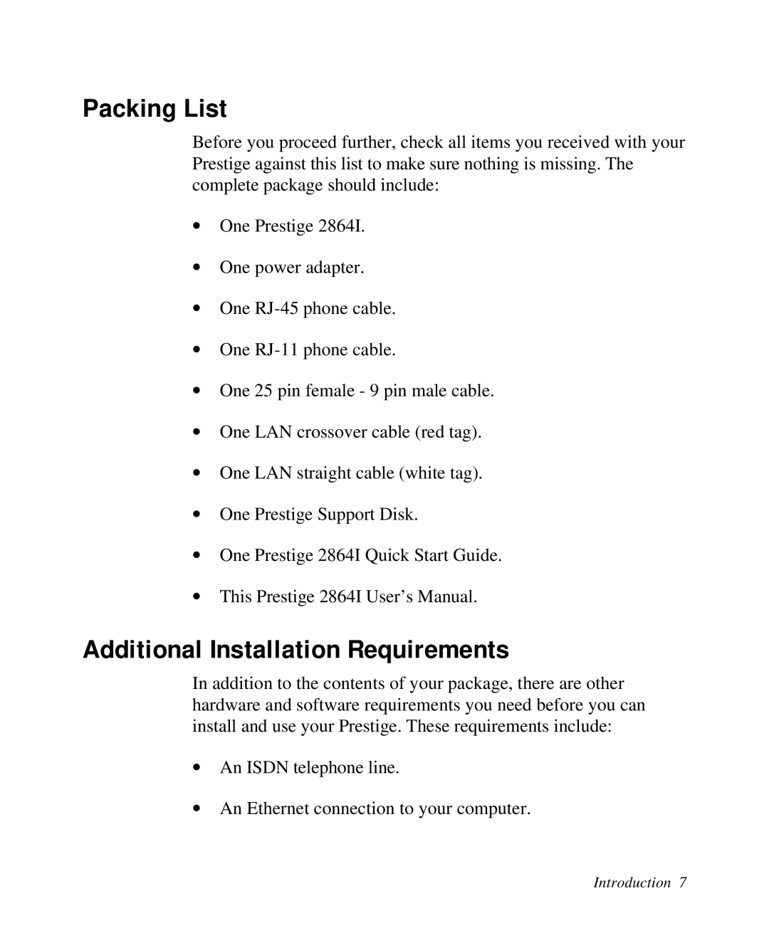 ZyXEL Communications 2864I user manual Packing List, Additional Installation Requirements 