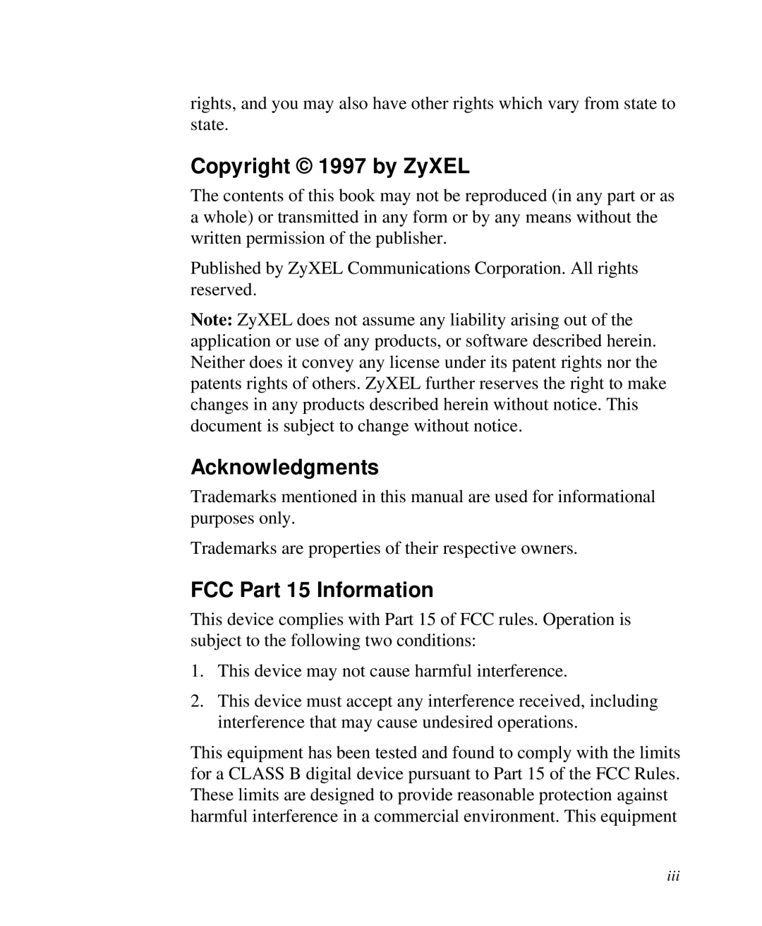 ZyXEL Communications 2864I user manual Copyright 1997 by ZyXEL, Acknowledgments, FCC Part 15 Information 