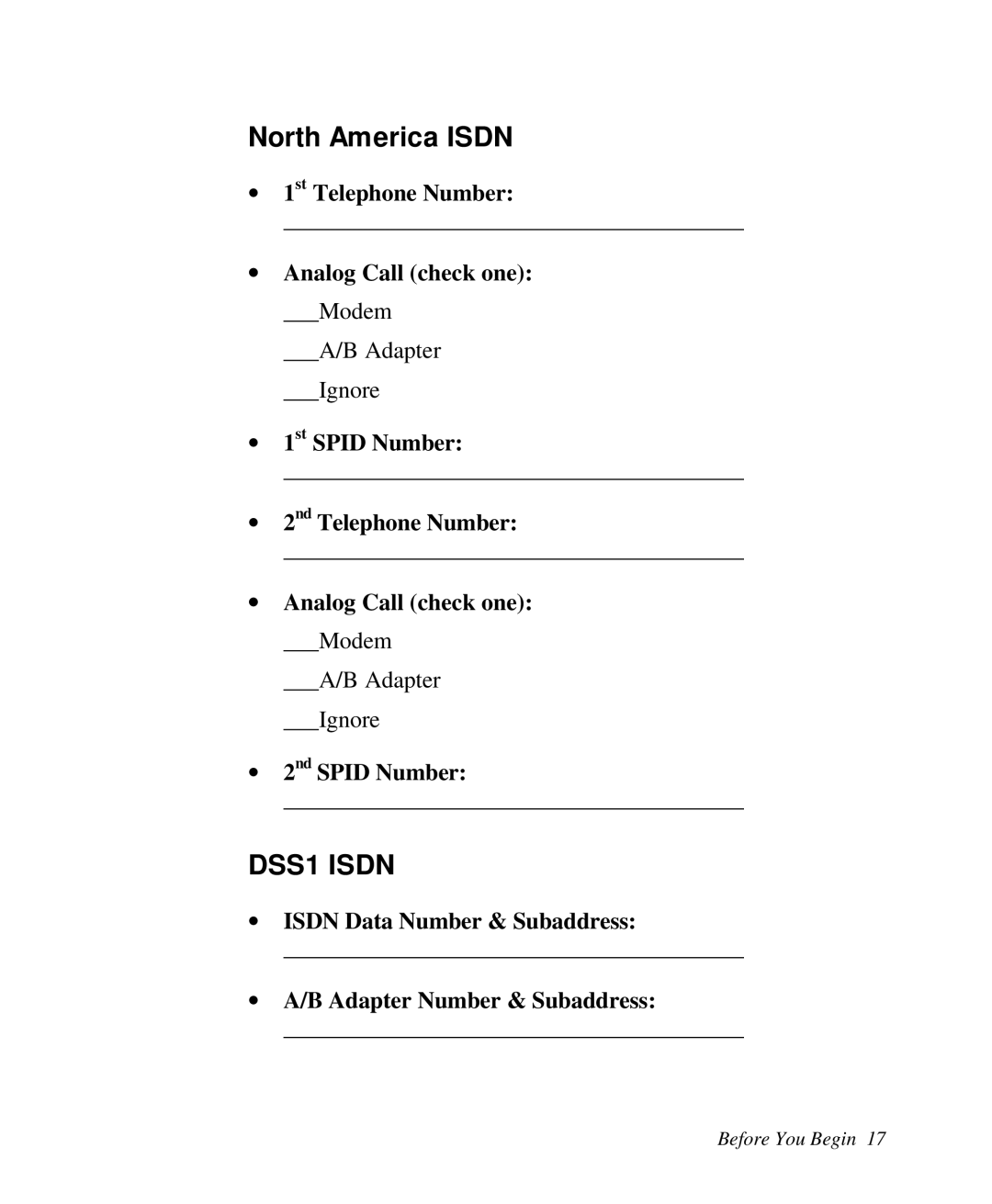 ZyXEL Communications 2864I user manual North America ISDN, DSS1 ISDN, ∙ 1st Telephone Number, ∙ Analog Call check one 