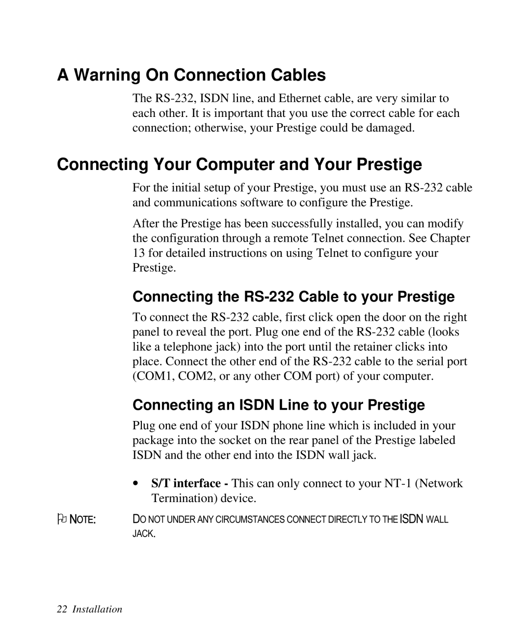 ZyXEL Communications 2864I user manual A Warning On Connection Cables, Connecting Your Computer and Your Prestige 