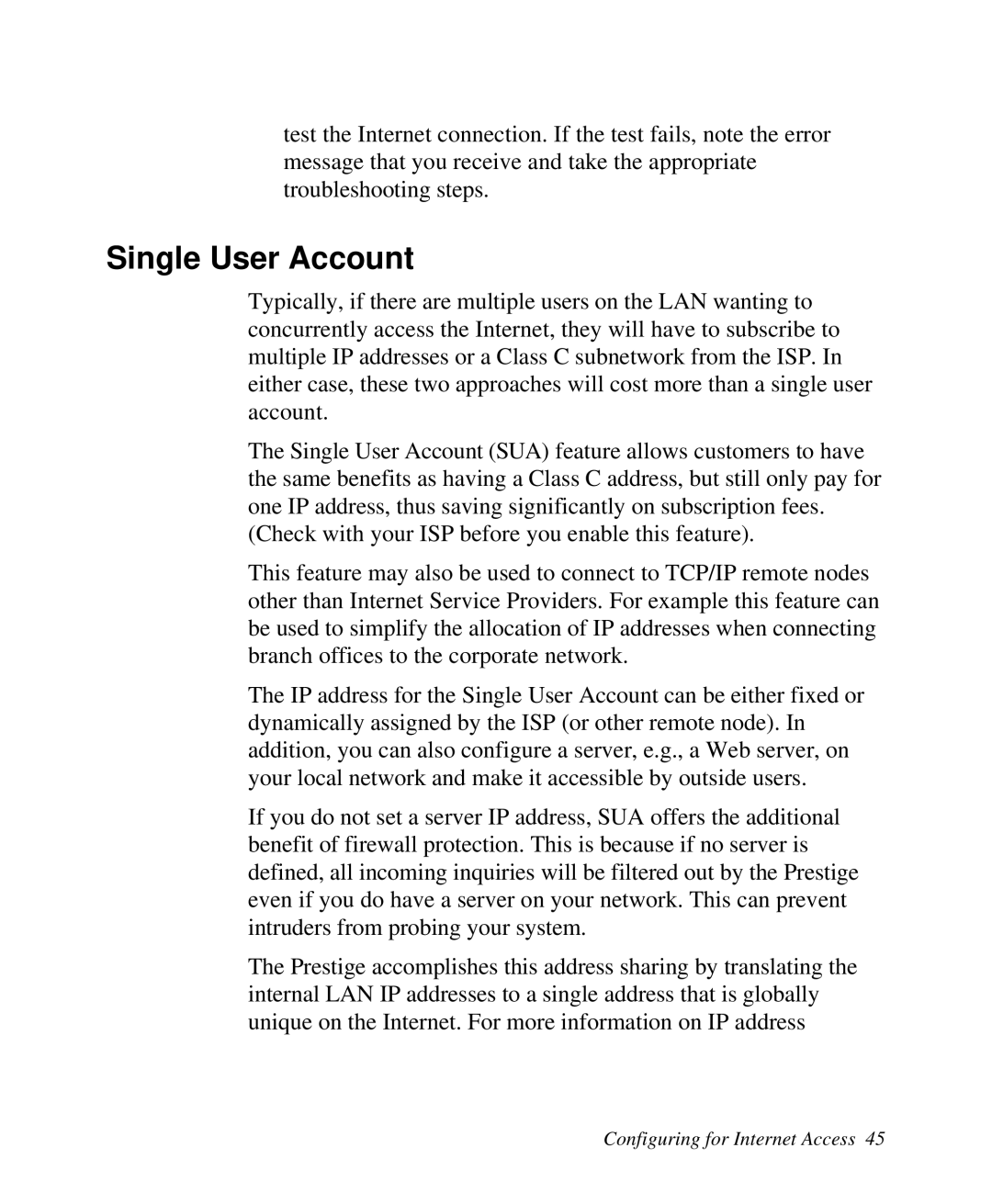 ZyXEL Communications 2864I user manual Single User Account 