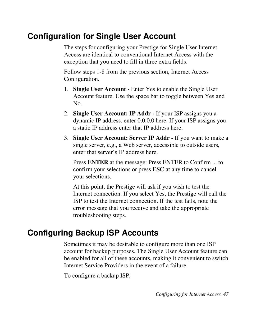 ZyXEL Communications 2864I user manual Configuration for Single User Account, Configuring Backup ISP Accounts 