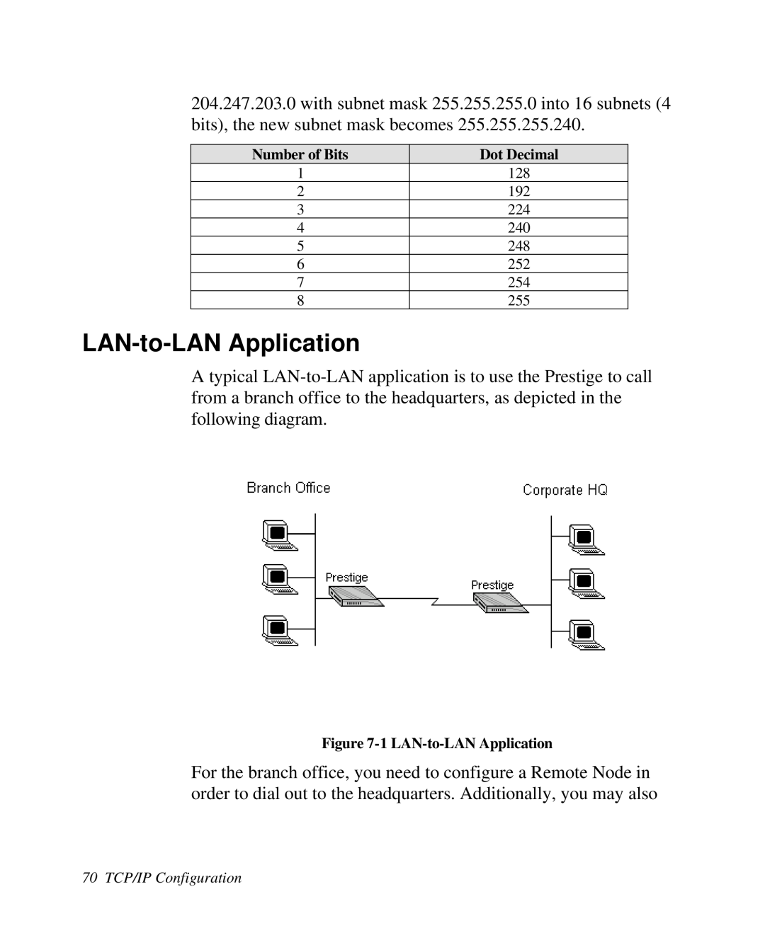 ZyXEL Communications 2864I user manual LAN-to-LAN Application, 70 TCP/IP Configuration 