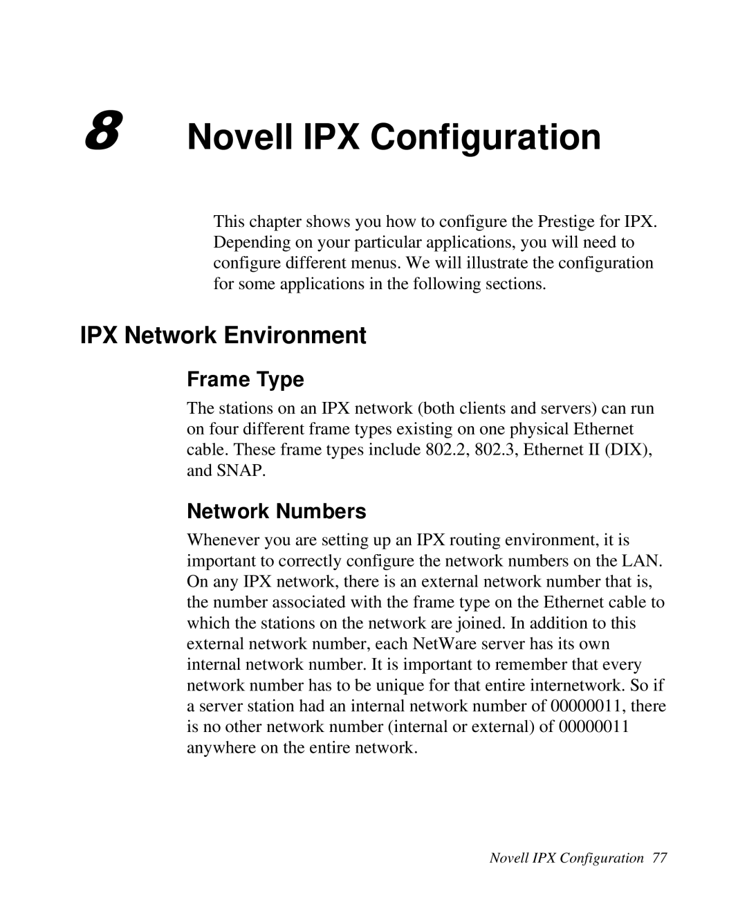 ZyXEL Communications 2864I user manual Novell IPX Configuration, IPX Network Environment, Frame Type, Network Numbers 