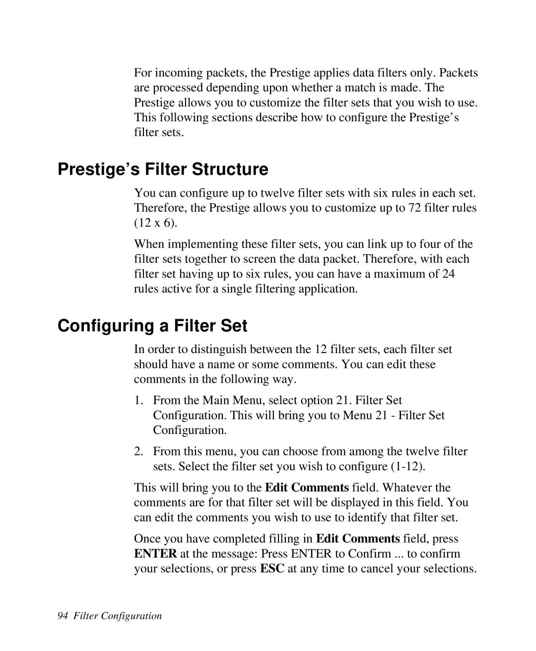 ZyXEL Communications 2864I user manual Prestige’s Filter Structure, Configuring a Filter Set 