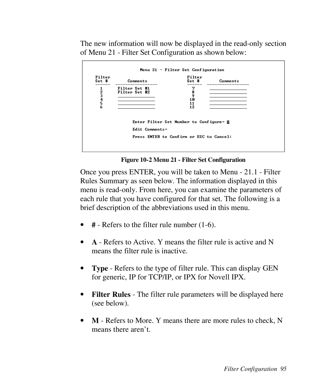 ZyXEL Communications 2864I user manual Menu 21 Filter Set Configuration 