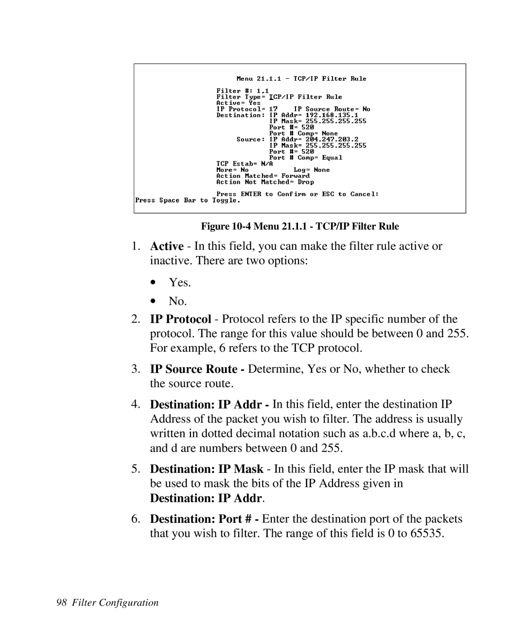 ZyXEL Communications 2864I user manual Menu 21.1.1 TCP/IP Filter Rule 