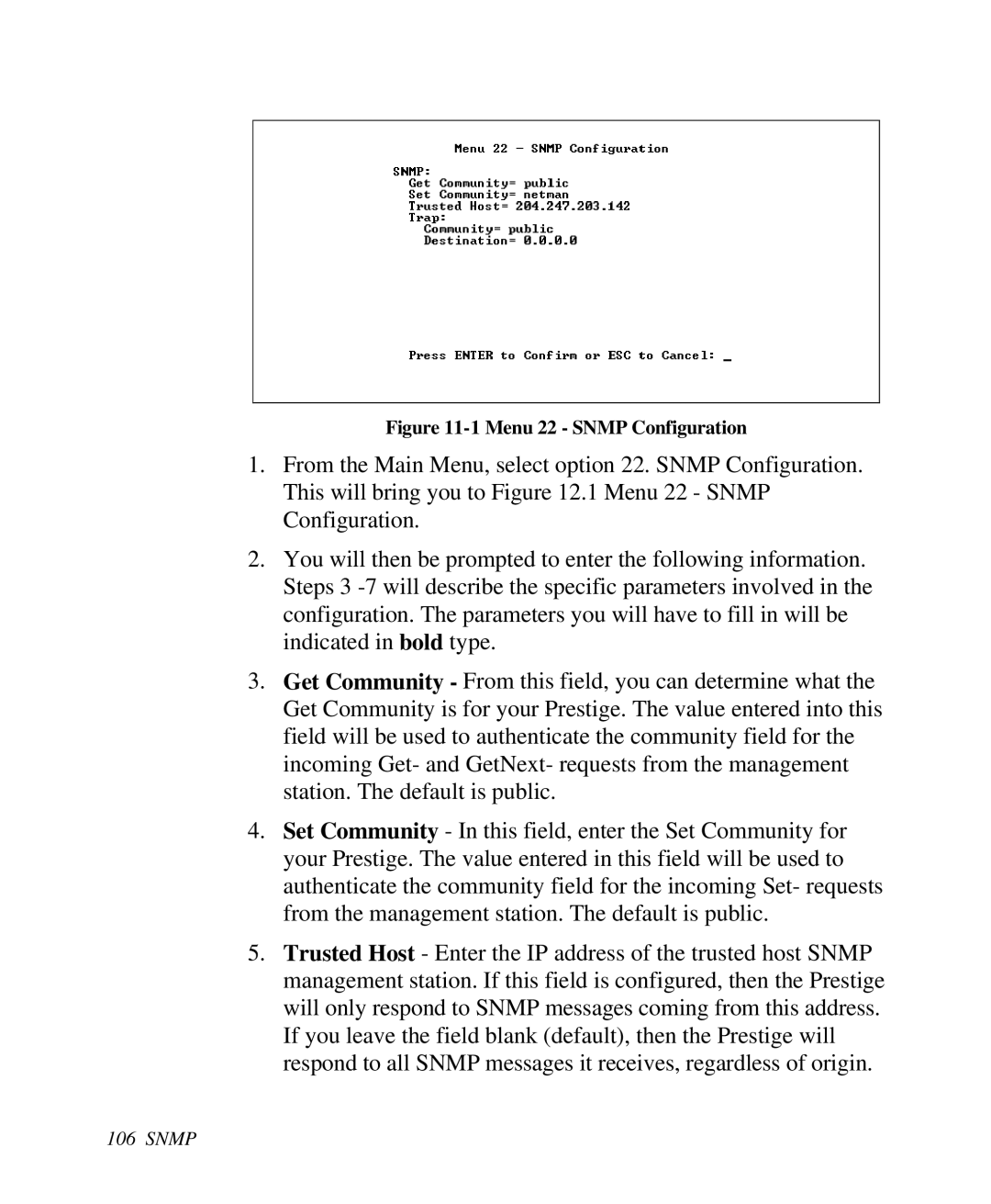 ZyXEL Communications 2864I user manual Menu 22 Snmp Configuration 