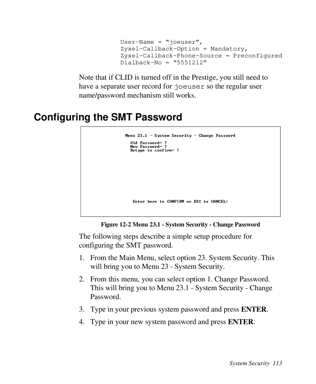 ZyXEL Communications 2864I user manual Configuring the SMT Password, Menu 23.1 System Security Change Password 