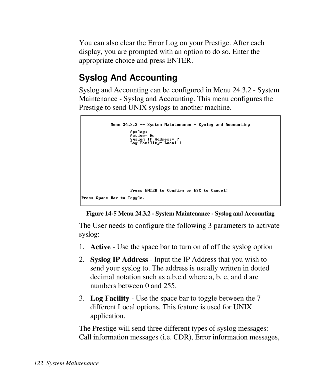 ZyXEL Communications 2864I user manual Syslog And Accounting, Menu 24.3.2 System Maintenance Syslog and Accounting 