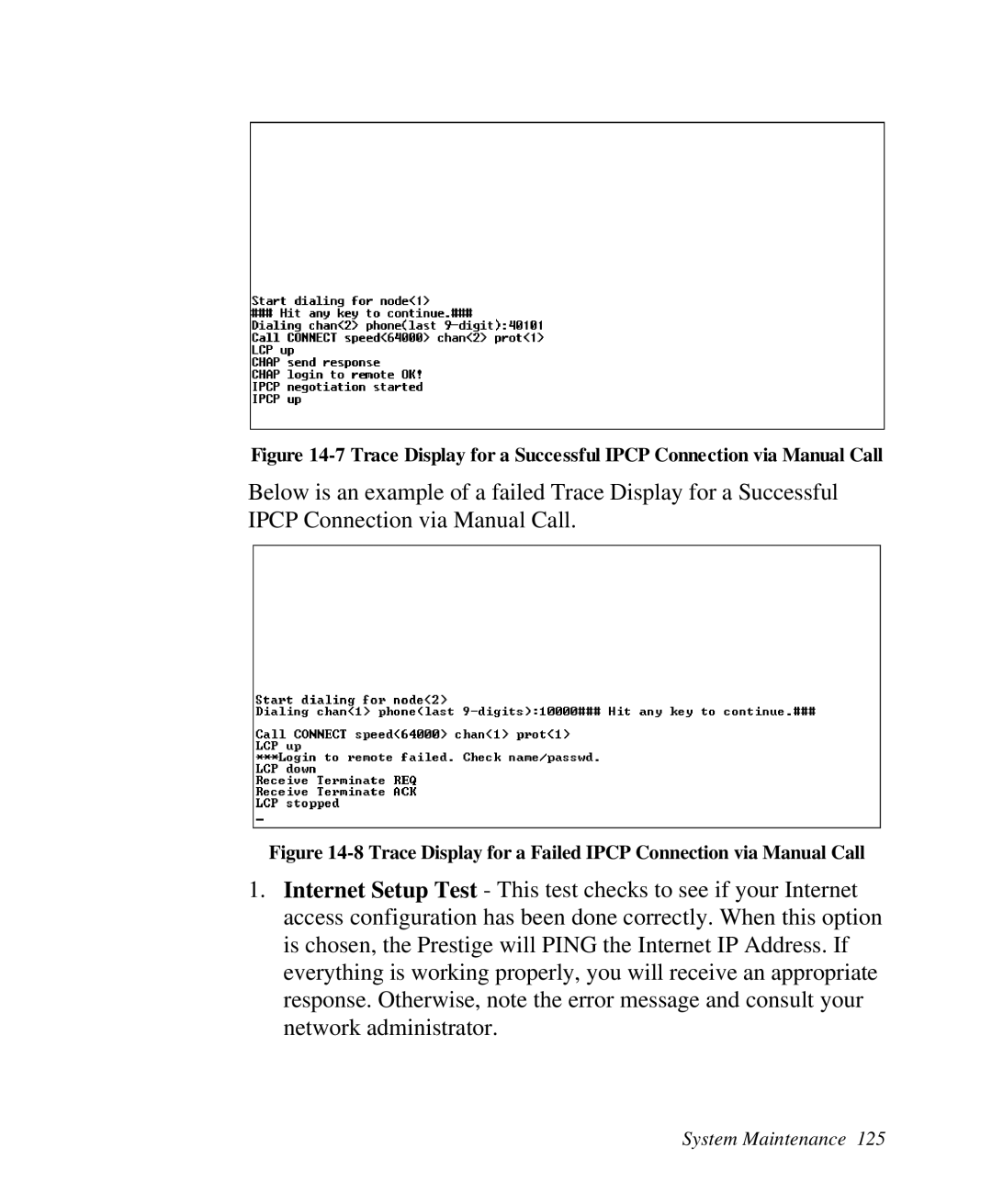 ZyXEL Communications 2864I user manual Trace Display for a Failed Ipcp Connection via Manual Call 