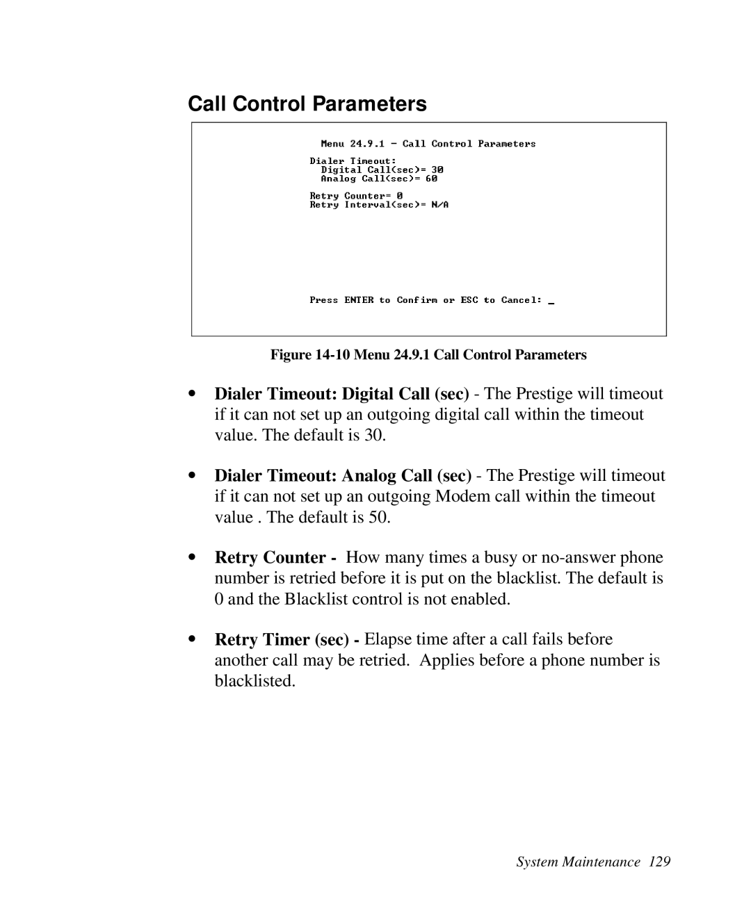 ZyXEL Communications 2864I user manual Menu 24.9.1 Call Control Parameters 