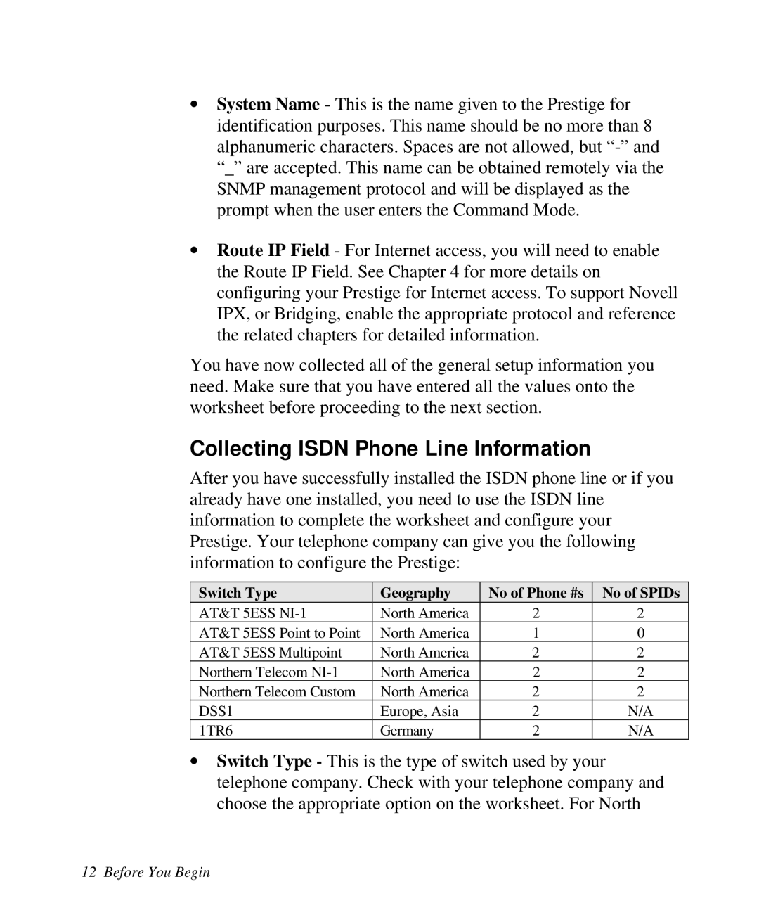 ZyXEL Communications 2864I Collecting Isdn Phone Line Information, Switch Type Geography No of Phone #s No of SPIDs 