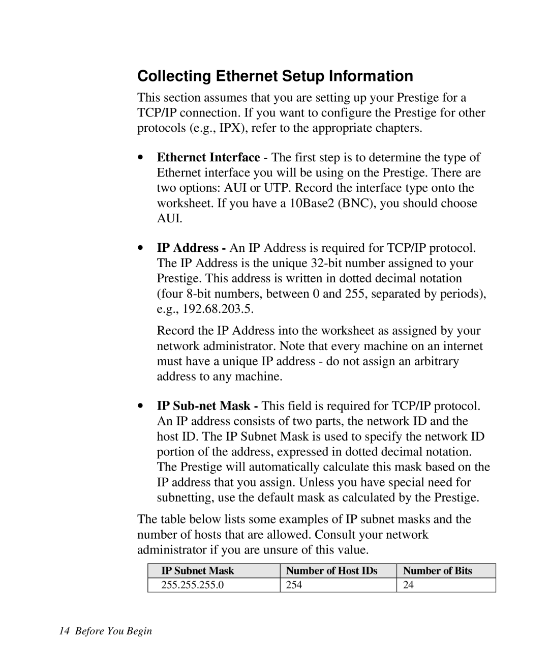 ZyXEL Communications 2864I user manual Collecting Ethernet Setup Information 