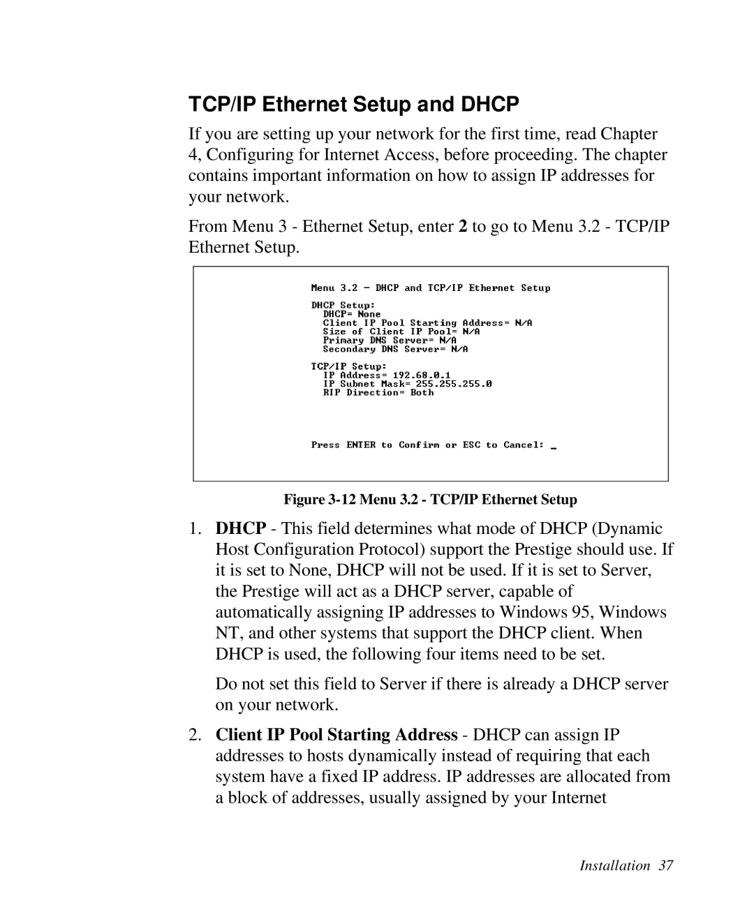 ZyXEL Communications 2864I user manual TCP/IP Ethernet Setup and Dhcp, Menu 3.2 TCP/IP Ethernet Setup 