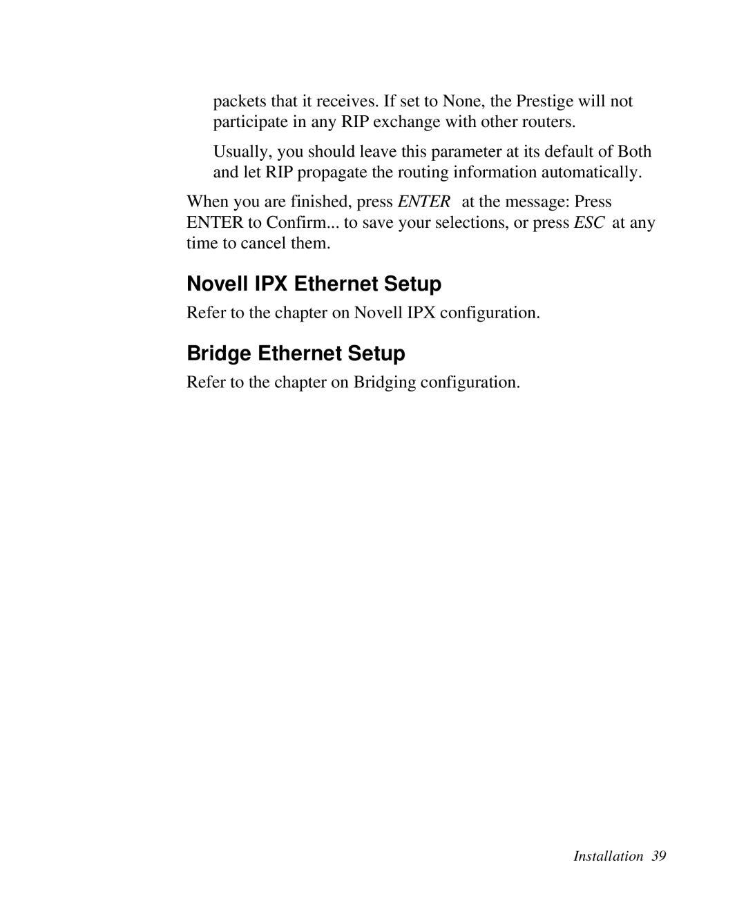 ZyXEL Communications 2864I user manual Novell IPX Ethernet Setup, Bridge Ethernet Setup 