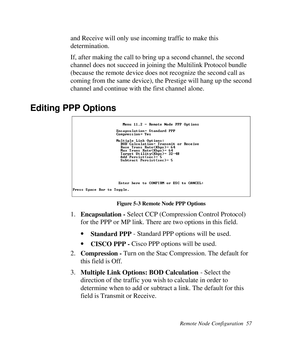 ZyXEL Communications 2864I user manual Editing PPP Options, Remote Node PPP Options 