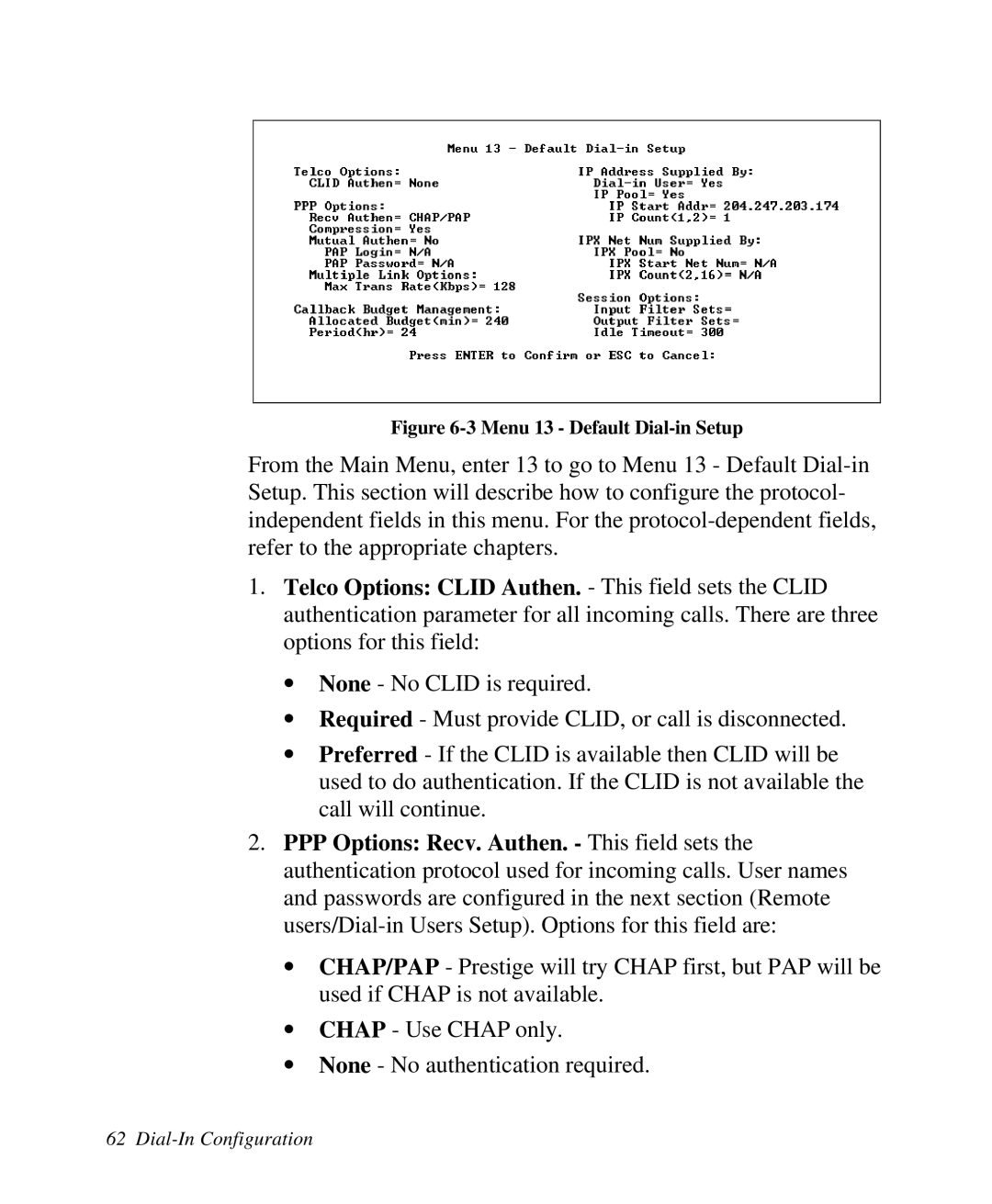 ZyXEL Communications 2864I user manual Menu 13 Default Dial-in Setup 