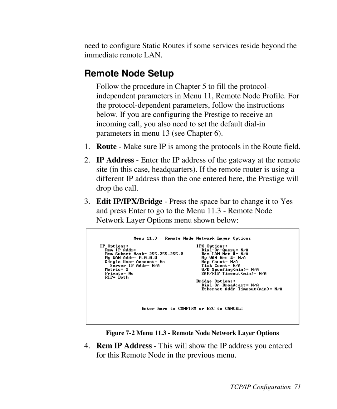 ZyXEL Communications 2864I user manual Remote Node Setup, Menu 11.3 Remote Node Network Layer Options 