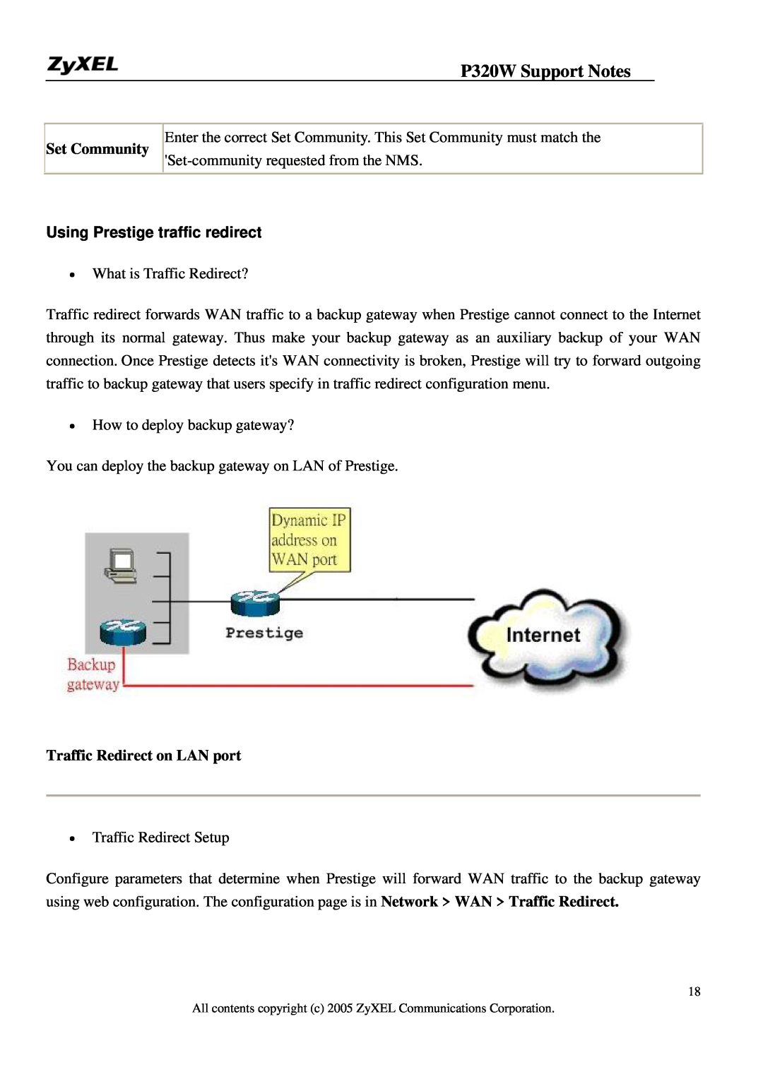 ZyXEL Communications 320W manual Set Community, Using Prestige traffic redirect, Traffic Redirect on LAN port 