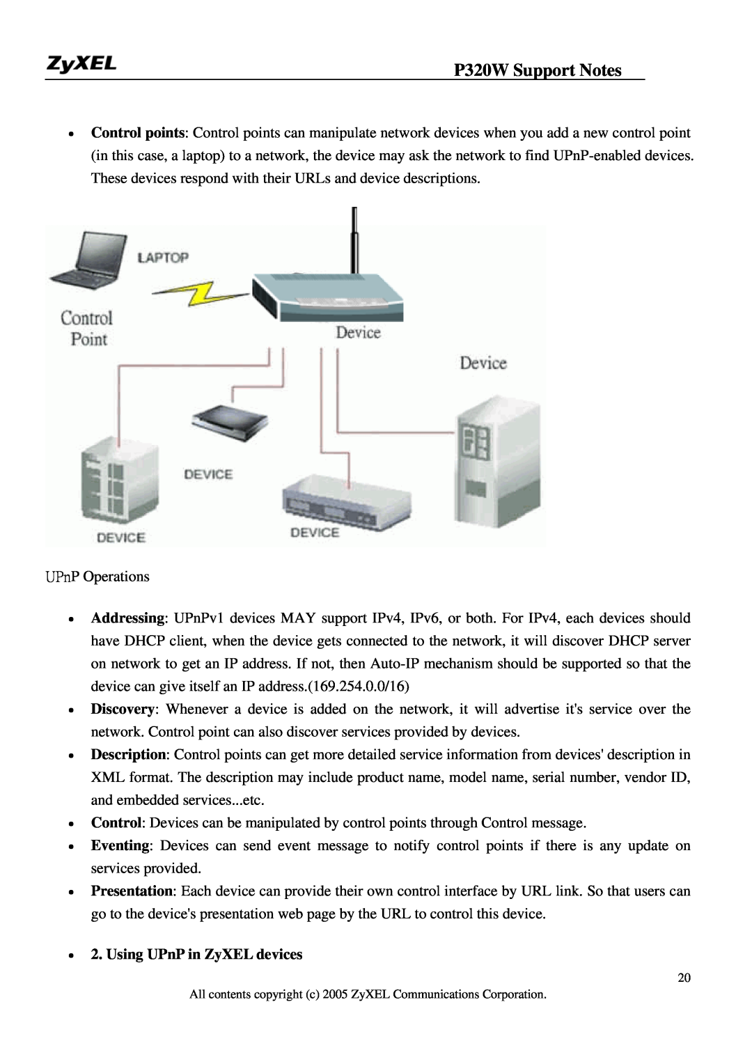 ZyXEL Communications manual Using UPnP in ZyXEL devices, P320W Support Notes 