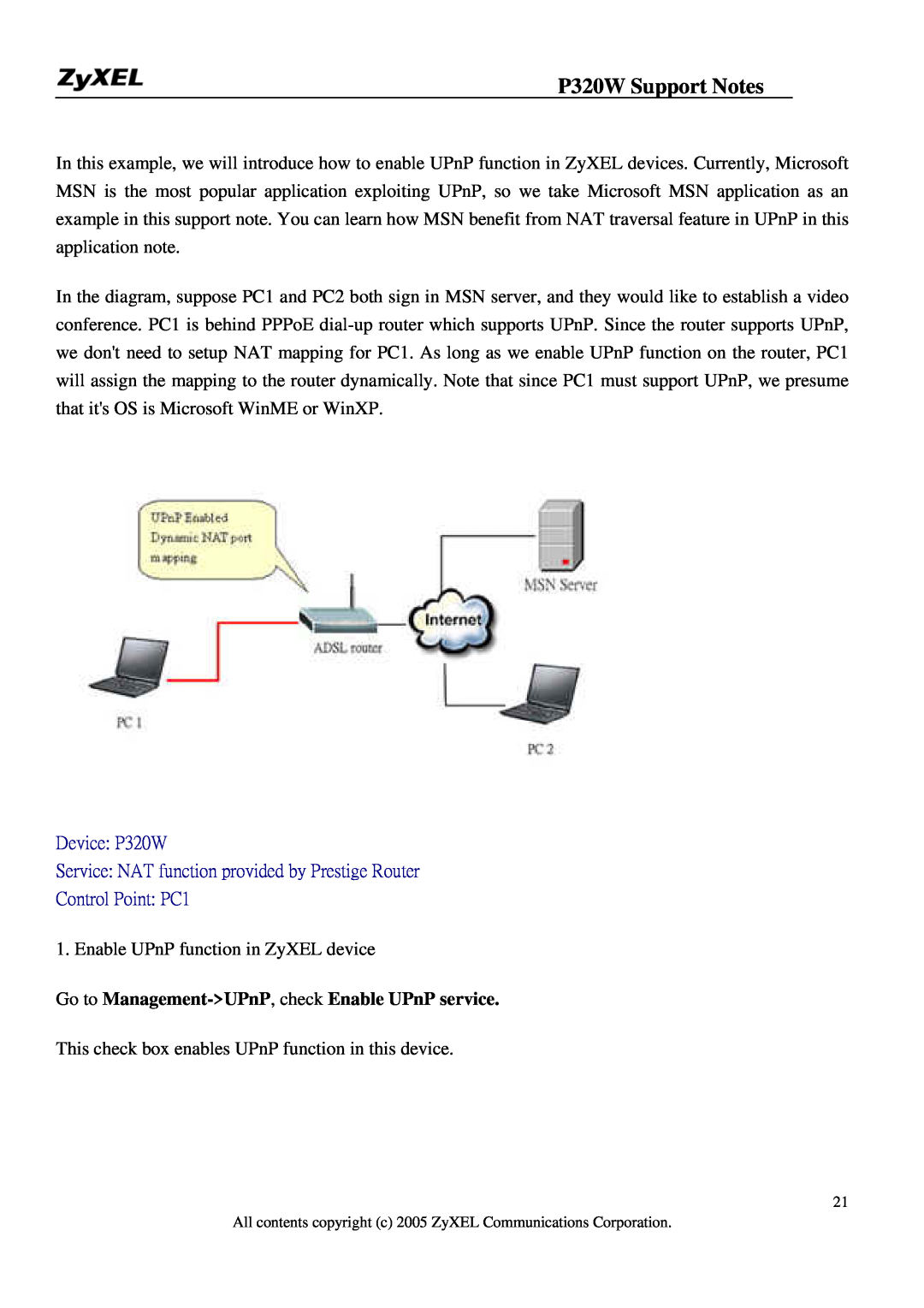 ZyXEL Communications manual Go to Management-UPnP, check Enable UPnP service, P320W Support Notes, Control Point PC1 