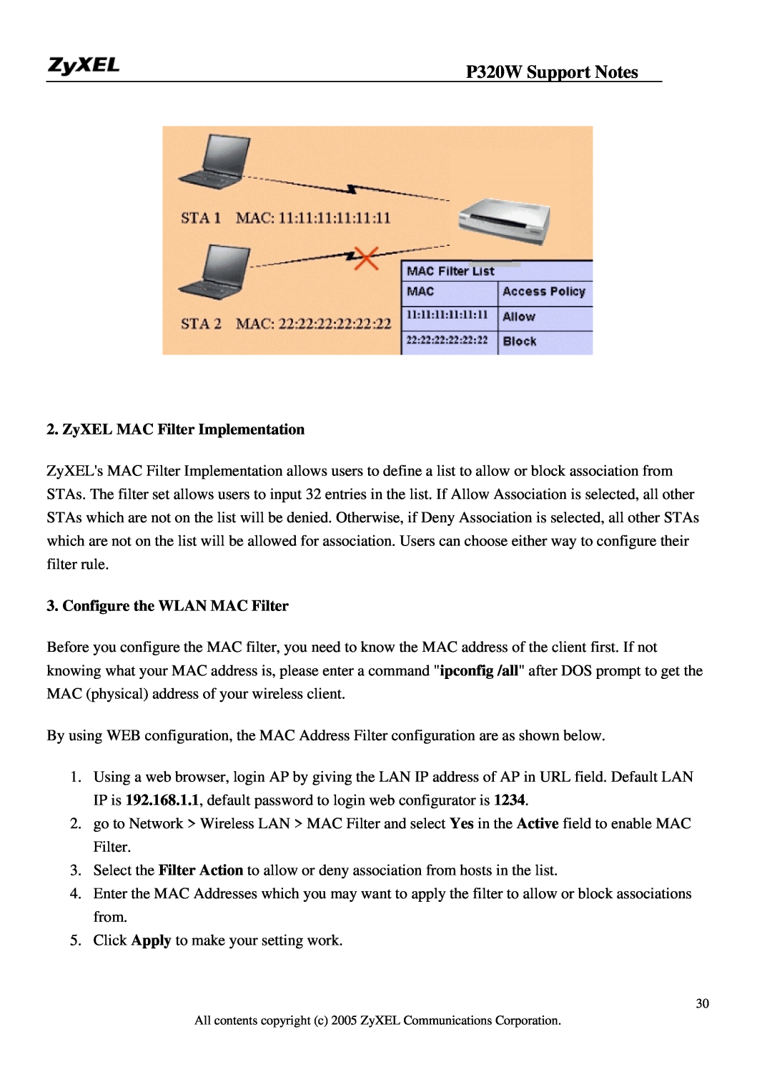 ZyXEL Communications manual ZyXEL MAC Filter Implementation, Configure the WLAN MAC Filter, P320W Support Notes 