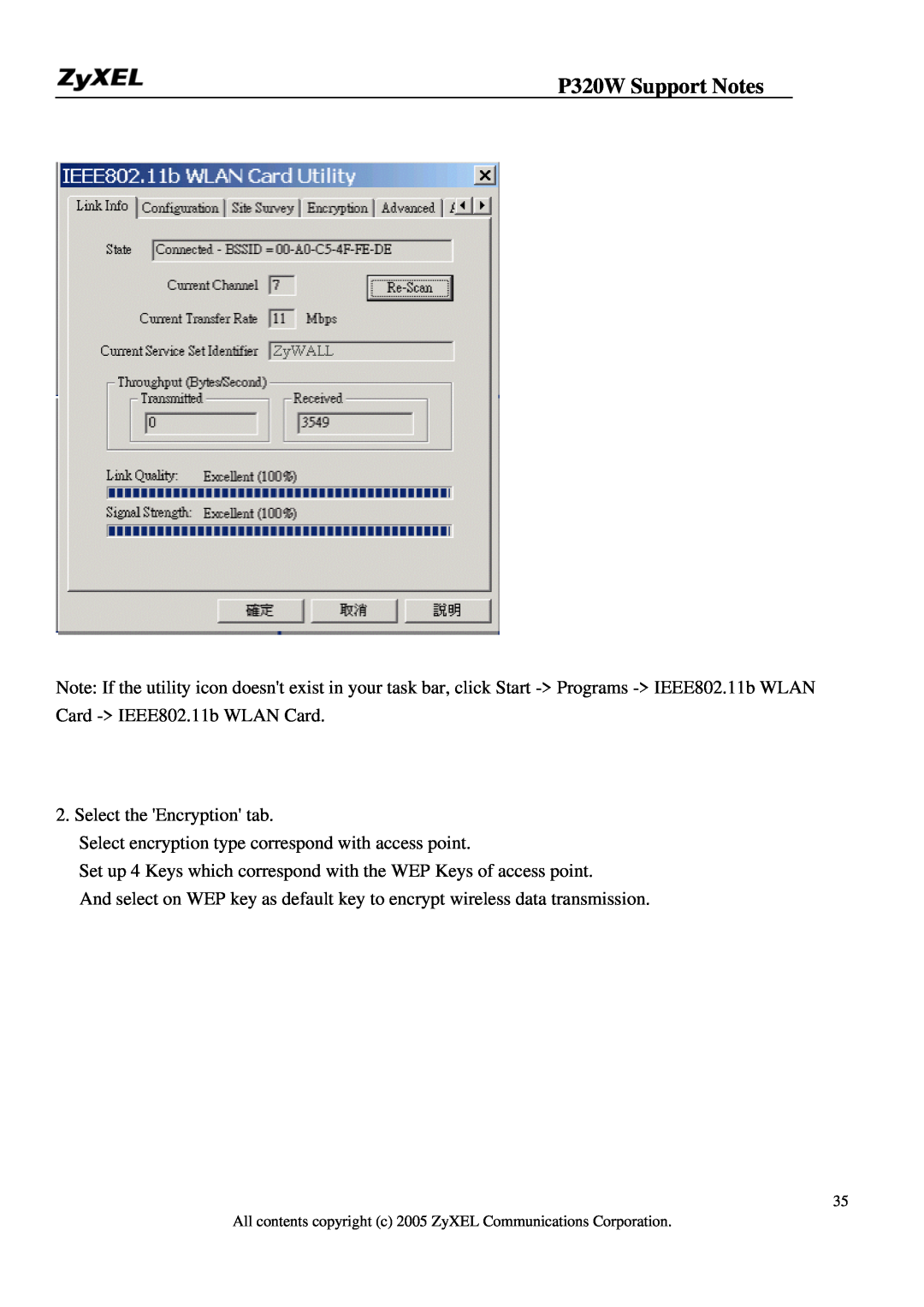 ZyXEL Communications manual P320W Support Notes, Select the Encryption tab 
