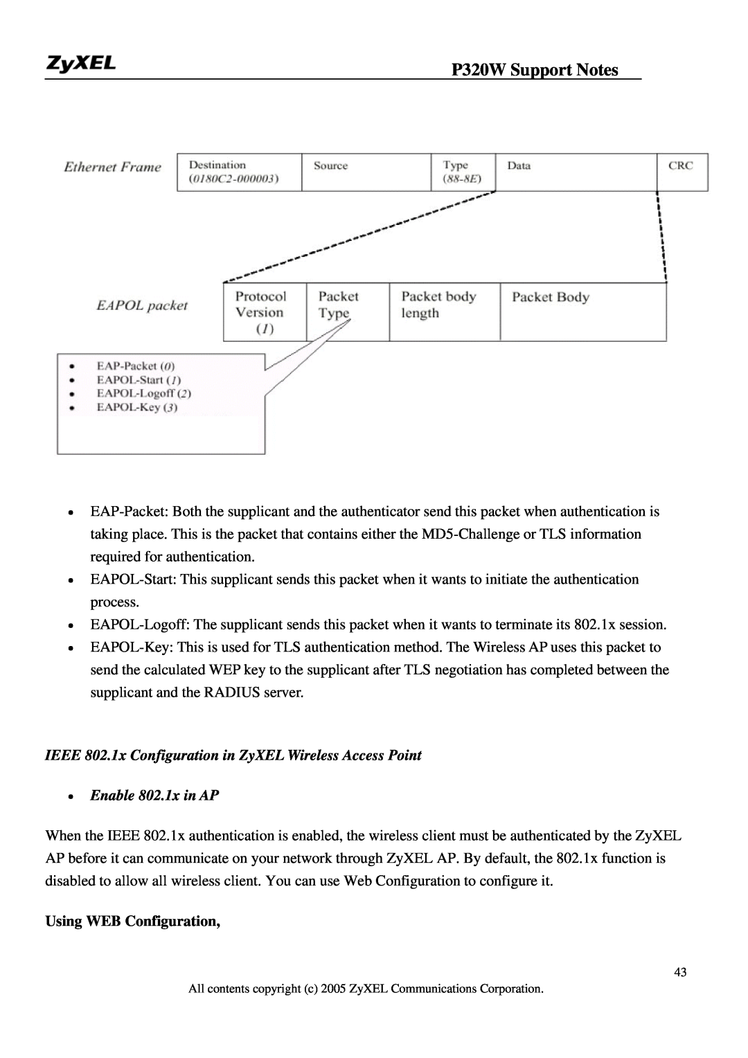 ZyXEL Communications 320W manual IEEE 802.1x Configuration in ZyXEL Wireless Access Point, Enable 802.1x in AP 