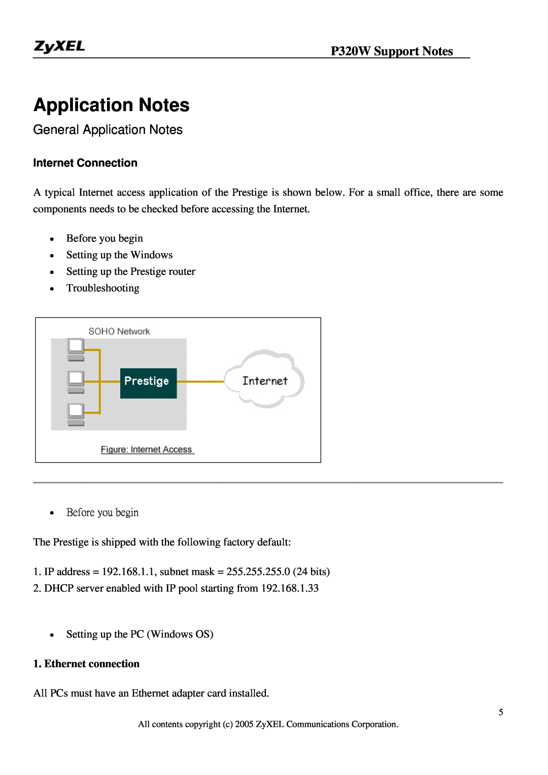 ZyXEL Communications manual General Application Notes, Internet Connection, Ethernet connection, P320W Support Notes 