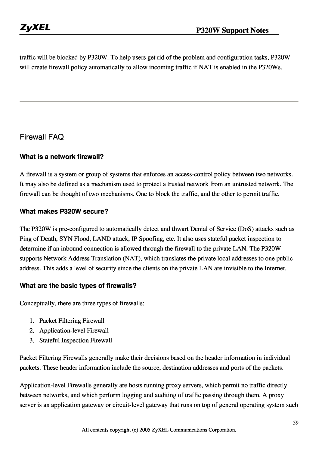 ZyXEL Communications manual Firewall FAQ, What is a network firewall?, What makes P320W secure?, P320W Support Notes 