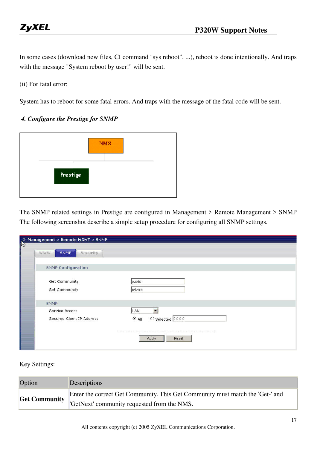 ZyXEL Communications 320W manual Configure the Prestige for Snmp, Get Community 