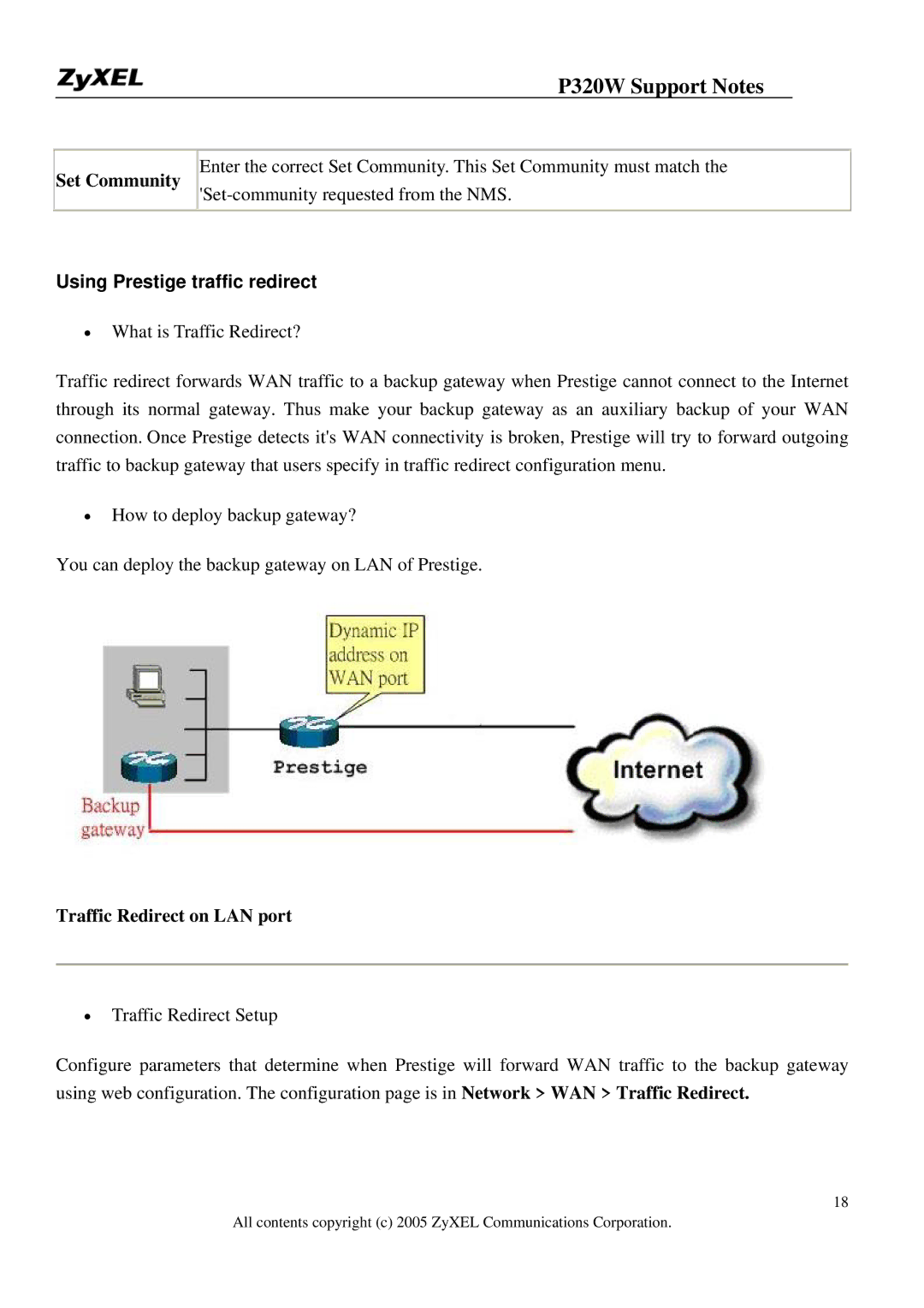 ZyXEL Communications 320W manual Set Community, Using Prestige traffic redirect, Traffic Redirect on LAN port 