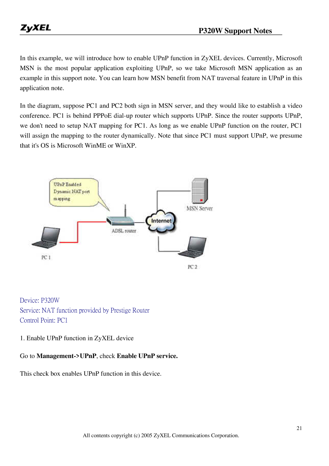 ZyXEL Communications 320W manual Go to Management-UPnP, check Enable UPnP service 