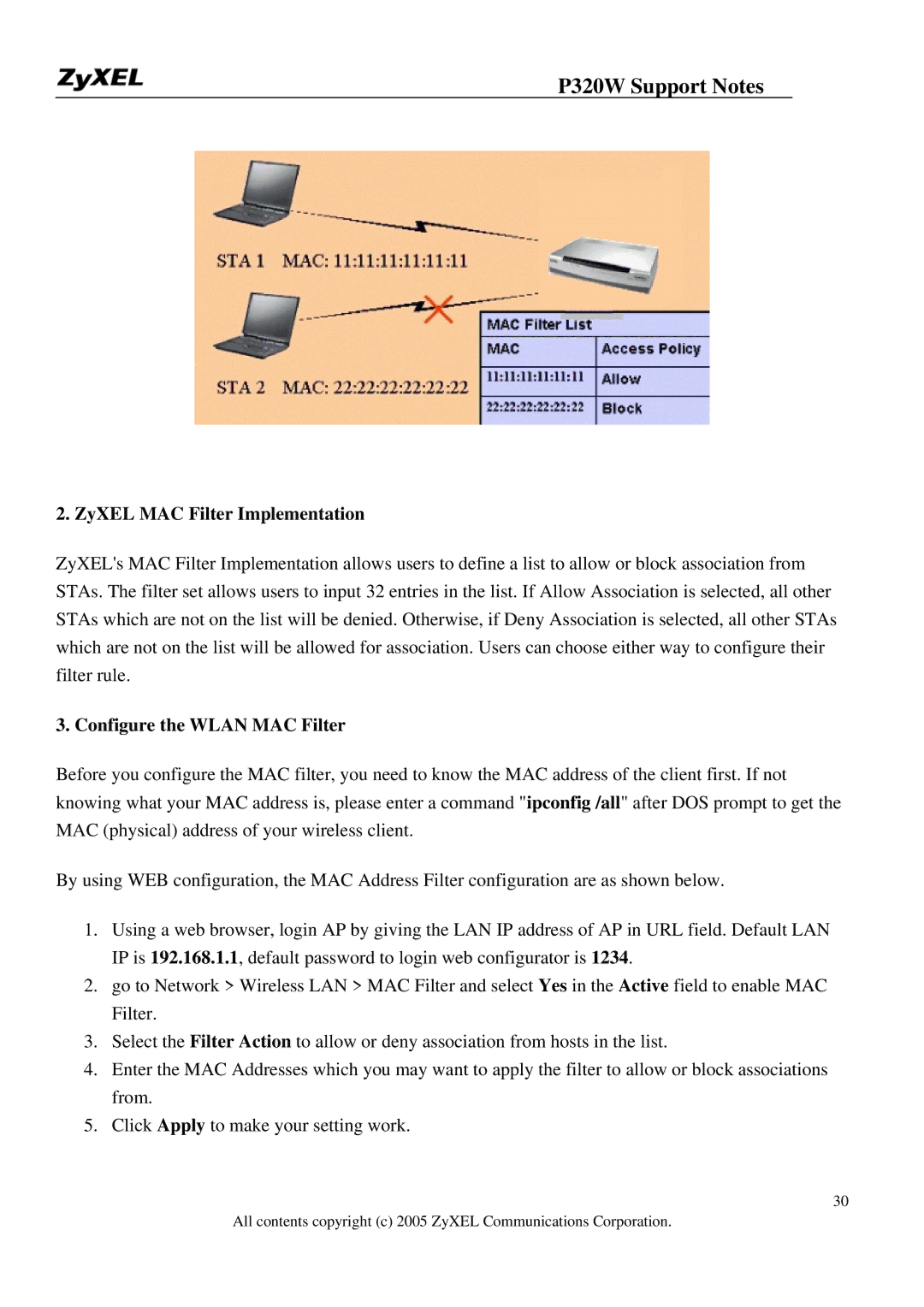 ZyXEL Communications 320W manual ZyXEL MAC Filter Implementation, Configure the Wlan MAC Filter 