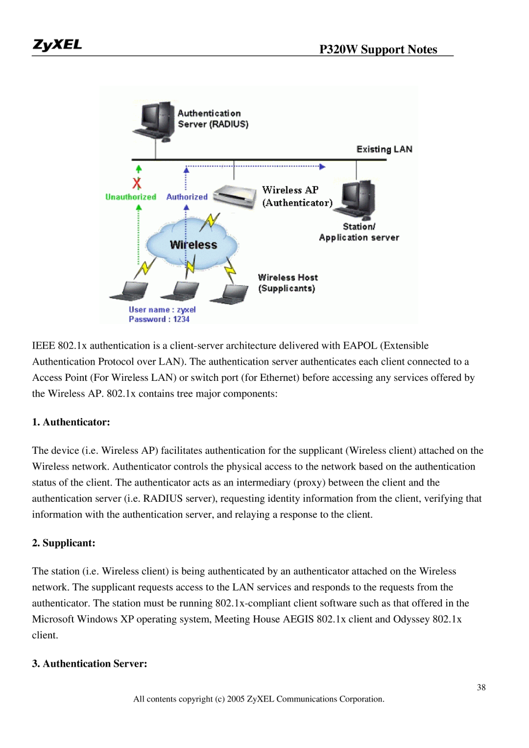 ZyXEL Communications 320W manual Authenticator, Supplicant, Authentication Server 